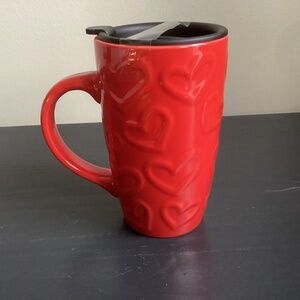 NEW Tall Red Latte Travel Mug With Embossed Hearts and Black Lid NEW Valentines